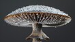 A mushroom cap, with the tiny dewdrops clinging to the surface and the intricate gills underneath.