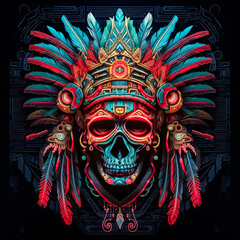 Wall Mural - A skull with a feather headdress and a red and blue background.