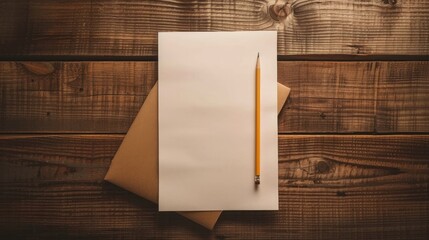 Poster - Paper and pencil placed on a wooden table seen from a top perspective