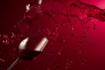 Poster - Glass and red wine splash on a dark red background.