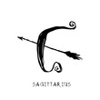 Sagittarius zodiac sign, quirky horoscope icon, hand drawn vector illustration, black line art, tattoo design