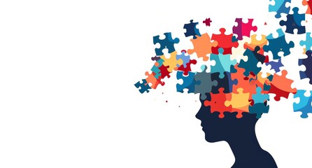 Wall Mural - Alzheimer, dementia, epilepsy and autism concept. Neurological disease with memory loss and confused mind. Silhouette of a human head made of colorful jigsaw puzzle pieces. Mental health awareness.