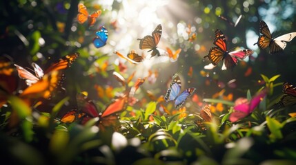 Wall Mural - Enchanted Garden with Colorful Butterflies and Sunlight