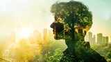 Fototapeta Natura - Double exposure of human profile silhouette and big green city, sustainable environment concept