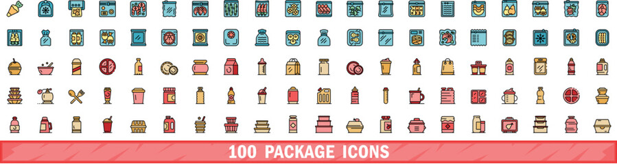 Sticker - 100 package icons set. Color line set of package vector icons thin line color flat on white