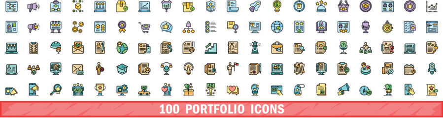 Wall Mural - 100 portfolio icons set. color line set of portfolio vector icons thin line color flat on white