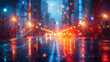 Illuminated city street under the rain at night with vivid neon reflections. Urban landscape with a sci-fi atmosphere. Nightlife and modern city concept for film noir or futuristic themes