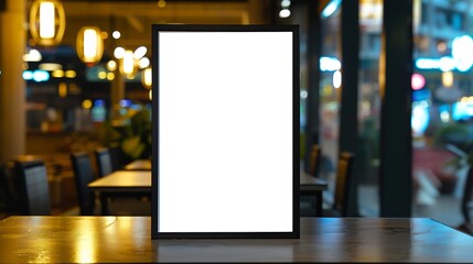 Wall Mural - mockup white poster with black frame stand in front of blur restaurant cafe background for show or present promotion product concept : Generative AI