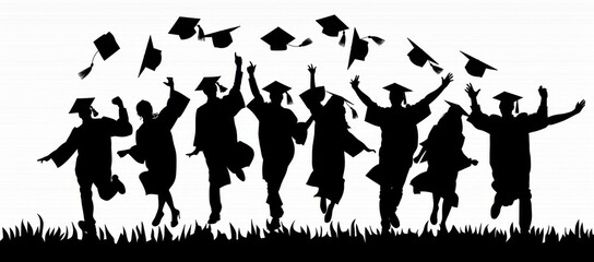Poster - Silhouettes of students celebrating their graduation with caps in the air isolated on a white background Generative AI