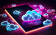 A neon light display illustrating cloud computing on tablet devices.