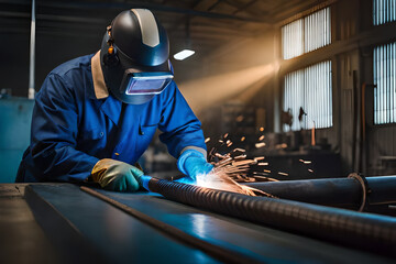 Male in face mask welds with argon arc welding.