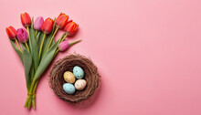 A Birds Nest With Three Speckled Eggs And Delicate Flowers Resting On A Pink Background