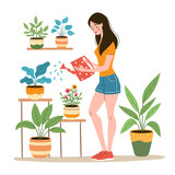 Fototapeta Big Ben - Vector cartoon illustration of a woman planting a plant in a pot. Home gardening and caring for indoor plants. Modern vector flat illustration isolated on a white background