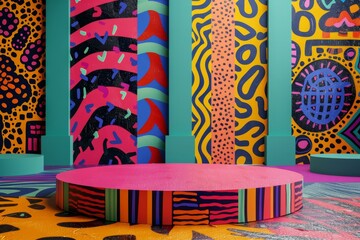 Wall Mural - A podium with colorful African-inspired patterns creates a lively backdrop for product showcasing or cultural presentations.