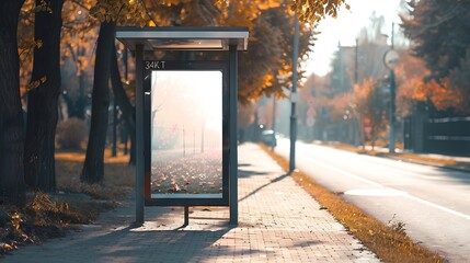 Wall Mural - Empty bus stop with mockup space on sidewalk of suburban street at autumn season front view : Generative AI