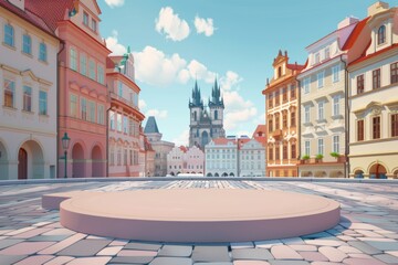 Canvas Print - Step into the heart of Prague with this podium, graced by the iconic towers of the Old Town, perfect for culturally rich presentations.