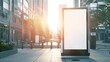 © Generative AI - blank white poster and advertiser ad space digital outdoor display lightbox and billboard street corner mockup base empty display panel glass design soft streetscape shopping street ba : Generative AI