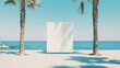 Blank lightbox with white space for mockup stands vertically on sidewalk with palm trees against blue sea and clear sky : Generative AI