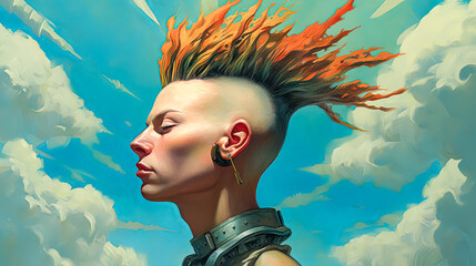Wall Mural - A woman with a Mohawk has her head shaved and is wearing earrings