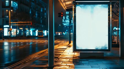 Aufkleber - Vertical advertising poster mockup at empty bus stop shelter by main road Outofhome OOH 6 sheet billboard media display space in city : Generative AI