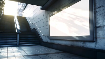 Poster - Horizontal mock up of blank advertising billboard poster template next to a flight of stairs outofhome OOH media display space mockup in pedestrian underpass digital display in train s : Generative AI