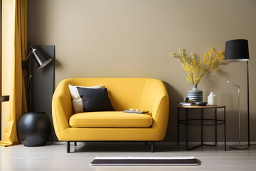 Wall Mural - Modern living room with monochrome mustard yellow empty wall for mock-up contemporary interior design with trendy wall colour and chair design.