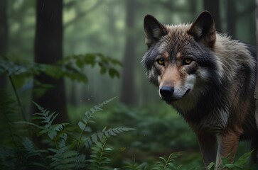 Illustration of a concentrated wild wolf looking at the camera in the rain in a leafy forest. Generative AI