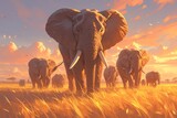 Fototapeta  - A herd of elephants walking towards the camera against an orange sunset sky. The elephant is big and has long tusks on its trunk.