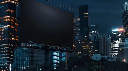 Poster - Blank black horizontal billboard on cityscape background at night perspective view Mockup advertising concept : Generative AI