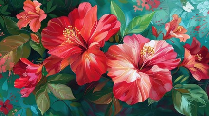 Wall Mural - Capturing the beauty of nature vibrant blooms in red and pink green foliage and the peaceful essence within each flower showcasing a delicate harmony of life and the natural world