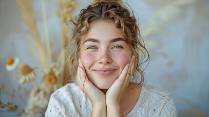 Wall Mural - A woman with blonde hair and blue eyes is smiling and holding her hands together