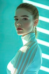 A woman with a white shirt and a ponytail is standing in front of a blue wall