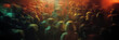 Blurred mass of people enveloped in a warm, glowing light that conveys the energy of a crowded space.