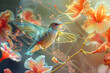 Vibrant hummingbird hovering near hibiscus flowers. Digital artwork for nature themes and ornithological studies with a focus on motion and floral interaction
