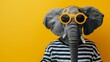 Portrait of a cool elephant wearing striped clothes and sunglasses on an isolated bright yellow background.