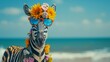 Funny zebra in sunglasses and a lei around his neck on the background of the beach.