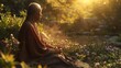 Spiritual Leader in Serene Garden Reflects on Life s Insights in Dreamlike High Definition Portrait with Soft Lighting and Golden Hues