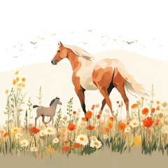 Sticker - AI generated illustration of a painted horse strolling through a flower-filled meadow