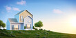 Nordic house exterior on the grassy knoll with copy space and blue sky.3d rendering