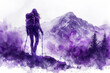 Purple watercolor painting of a female hiking in forest, adventure