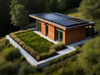 Wall Mural - An eco-friendly house covered with green roofs and solar panels, surrounded by native landscaping, generative AI