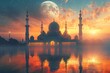 Front view of crescent shaped moon and mosque in front of night cloudy and starry sky copy space for text