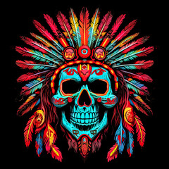 Wall Mural - A skull with a feather headdress and a red and blue background.