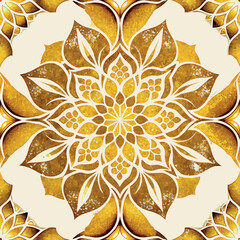 Poster - A gold and white mandala seamless pattern with a yellow center. The design is intricate and detailed, with a lot of small elements that make up the larger pattern.