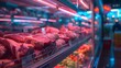 Meat aisle with various cuts displayed in a refrigerated grocery section