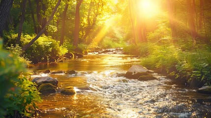 Poster - sunlit forest creek in warm golden light tranquil nature scene