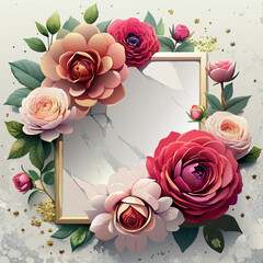 Sticker - A frame with a white background and a colorful bouquet of flowers. The flowers are arranged in a way that they look like they are blooming out of the frame. The frame is gold