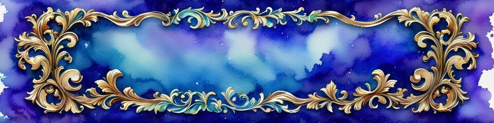 Wall Mural - Abstract watercolor illustration vintage gilded frame, blue background for social media banner, website and for your design, space for text	