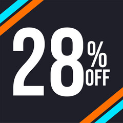 Wall Mural - 28 percent off in white, with dark background and diagonal strips in orange and blue