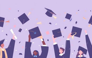 Poster - multiple hands holding diploma and graduation caps flying in the air Generative AI
